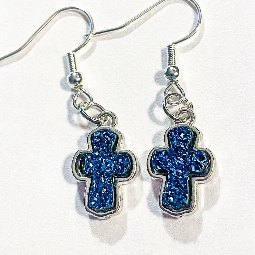 Blue Druzy Cross Dangle Earrings